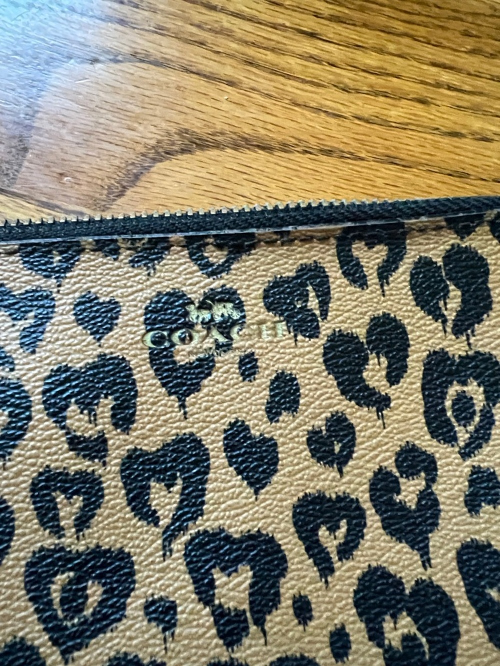 Coach Heart Leopard Print Zip Pouch - Tan & Black
